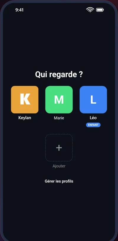 Écran «&nbsp;Qui regarde&nbsp;?&nbsp;» avec trois profils
